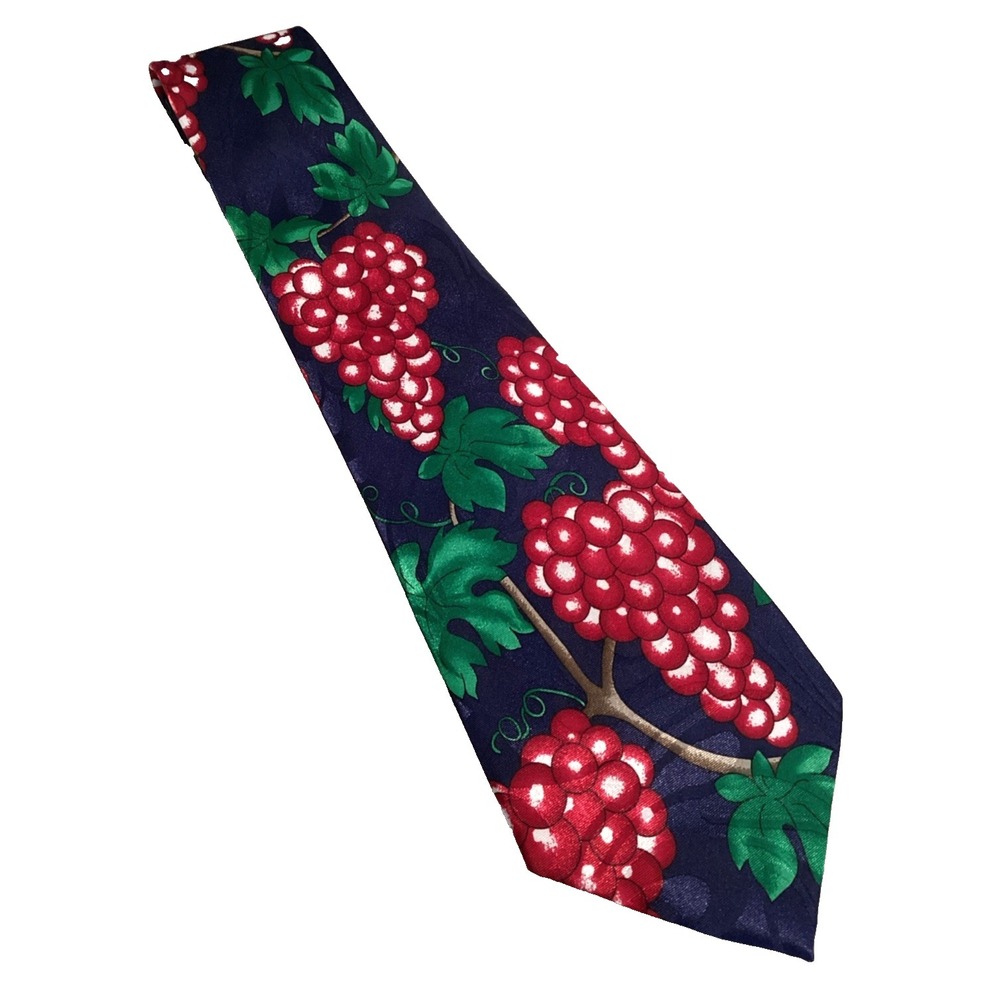 Fratello Men's Necktie Wine Grapes Vineyard Silk Handmade VTG Blue Red 58"x3.75"